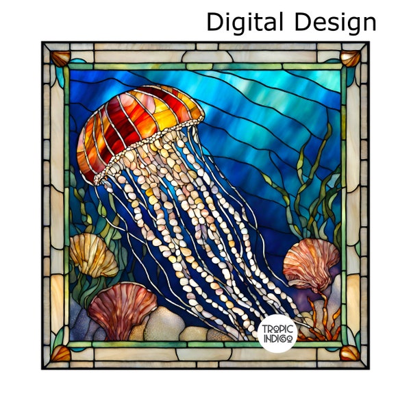 Stained Glass Jellyfish and Shells, Ocean Scene, Digital Papers, Undersea landscape