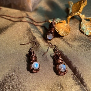 Micro Moonstone Copper Wire Wrapped Pendant & Earrings Set