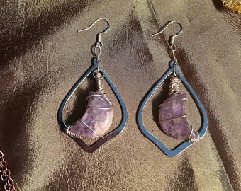 Amethyst Crescent Moon Sterling Silver Wire Wrapped Dangle Earrings