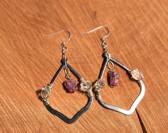 Rough Ruby & Herkimer Diamond Sterling Silver Wire Wrapped Dangle Earrings