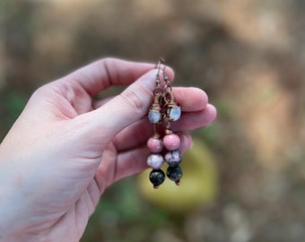 Moonstone & Rhodonite Copper Dangle Earrings