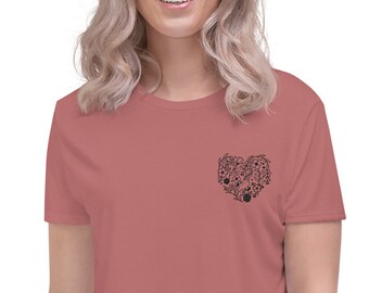 Schwarz bestickt Floral Herz Crop Tee