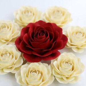 Puede incluir: Una rosa roja rodeada de siete rosas de color crema. Las rosas est&aacute;n dispuestas en c&iacute;rculo sobre un fondo blanco.