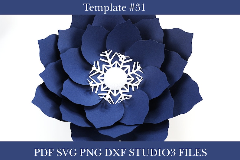 Pu&ograve; includere: Un fiore di carta blu navy con un fiocco di neve bianco al centro. Modello #31. File PDF SVG PNG DXF STUDIO3.