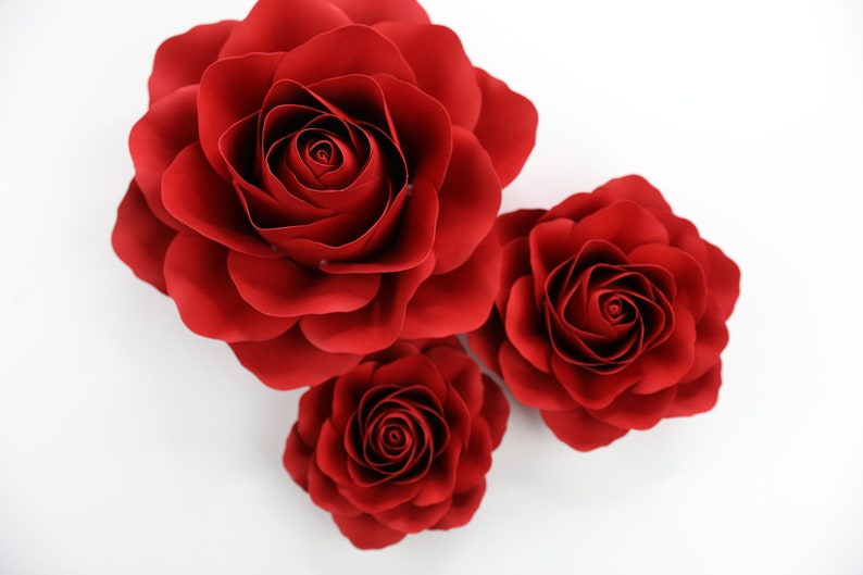 Puede incluir: Tres rosas de papel rojo de diferentes tama&ntilde;os. La rosa m&aacute;s grande est&aacute; en la esquina superior izquierda de la imagen, la rosa de tama&ntilde;o mediano est&aacute; en la esquina superior derecha y la rosa m&aacute;s peque&ntilde;a est&aacute; en el centro inferior de la imagen.
