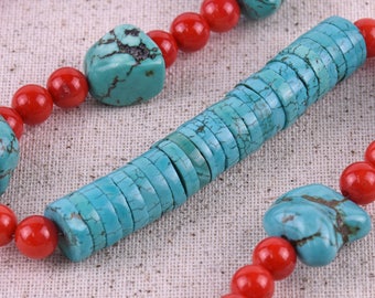 Turquoise and red Necklace, Turquoise Heishi Beads, One-Of-A-Kind Necklace,Unique Necklaces,Bohemian Necklace, Coral Bead Necklace