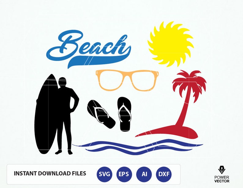 Beach Summer Design Elements palm tree waves Tropical Summer Svg sunglasses flip flops Summer Cut files surfer Summer Clip art sun