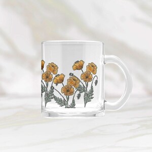 Yellow California Poppy Flower Mug, Floral Cottagecore Glass Coffee Cup Glassware Birthday Gift For Her Mom Best Friends Bridesmaid Proposal