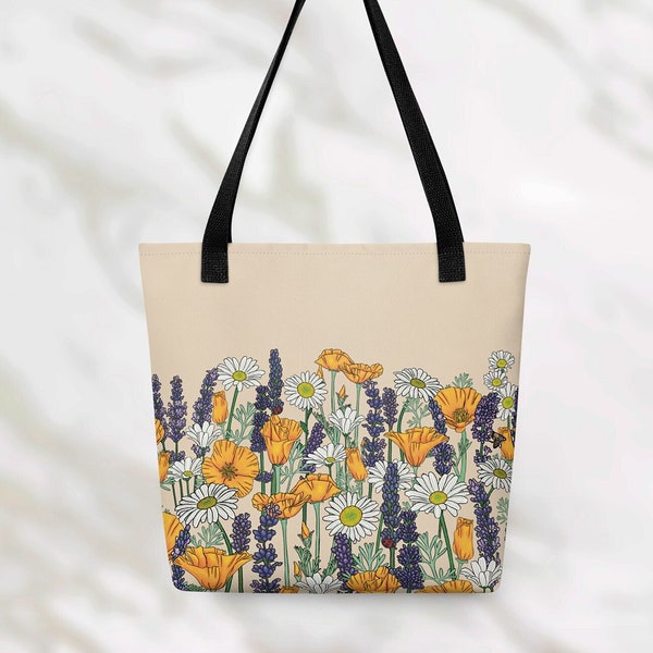 California Wildflower Tote Bag | Colorful Flower Travel Birthday Gift For Her Mom Best Friend & Bridesmaid Proposal