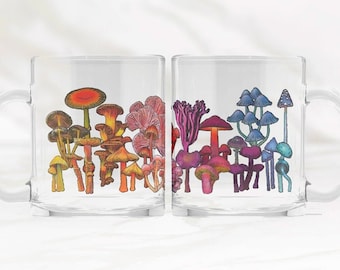Colorful Rainbow Mushroom Mug | Cottagecore Glassware Woodland Fungi Clear Glass Coffee Cup Gift For Her Him and Best Friends