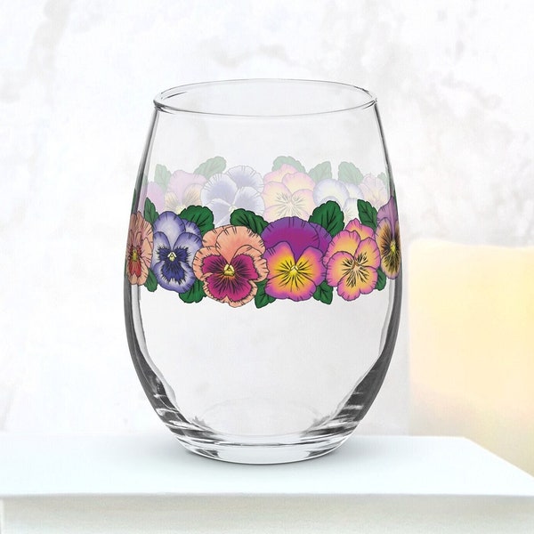 Violet Pansy February Birth Flower Wine Glass Cup | Floral Glassware Capricorn Zodiac 21st Birthday Gift For Her Mom Friend Bridesmaid
