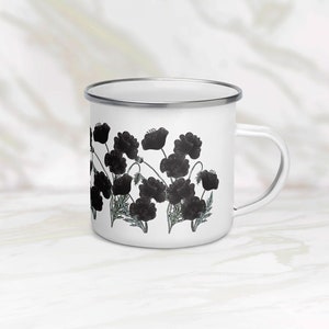 Black Poppy August Birth Flower Mug | Dark Academia Floral Enamel Camp Cup Birthday Gift For Her Mom Best Friend and Bridesmaid Proposals