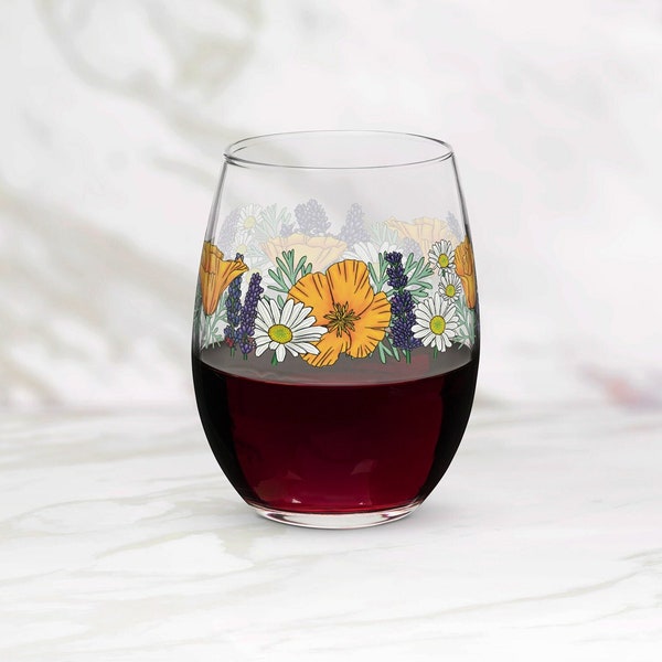 California Wildflower Wine Glass Cup | Colorful Flower Glassware Barware 21st Gift For Her Mom Best Friend & Bridesmaid Proposal