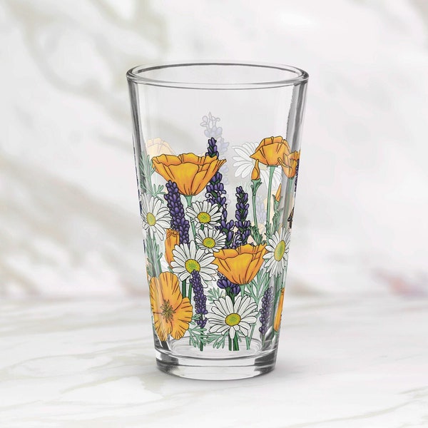 California Wildflower Pint Glass Cup | Colorful Flower Glassware Barware 21st Birthday Gift For Her Mom Best Friend & Bridesmaid Proposal