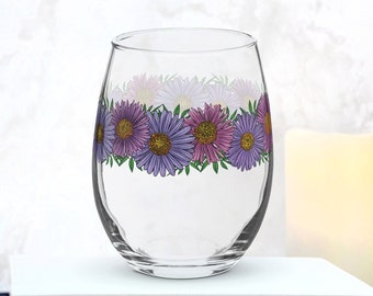 Aster September Birth Flower Wine Glass Cup | Floral Stemless Glassware Birthday Gift For Her Mom Best Friend or Bridesmaid Proposals