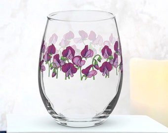 Purple Sweet Pea April Birth Flower Wine Glass | Floral Glassware Barware 21st Birthday Gift For Her Mom Best Friends Bridesmaid Proposals