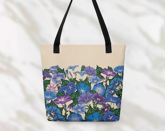 Morning Glory September Birth Flower Tote Bag | Blue Floral Birthday Gift For Her Mom Best Friends and Bridesmaid Proposals