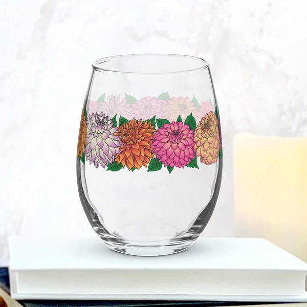 Dahlia Flower Wine Glass Cup | Floral Stemless Glassware or Barware 21st Birthday Gift For Her Mom Best Friends and Bridesmaid Proposals