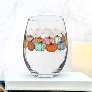 Summerween Pastel Fall Pumpkin Wine Glass Cup | Spooky Season Stemless Glassware For Halloween | Pink Orange Green Blue Yellow and White