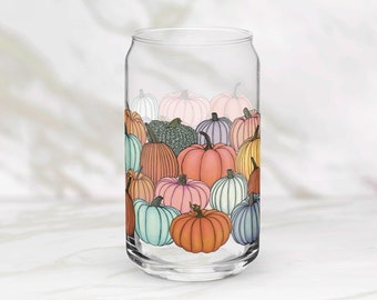 Summerween Pastel Fall Pumpkin Glass Cup | Autumn Spooky Season Beer Can Shaped Pint For Halloween  | Glassware Barware Pink Blue Green