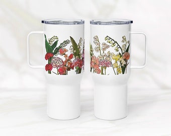 25oz Personalized Birth Flower Travel Mug With Handle | Floral Custom Bouquet Birthday Gift For Her Mom Sister Sibling Aunt Bridesmaids