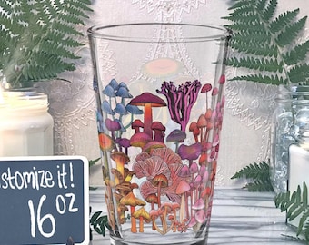 Personalized Rainbow Mushroom Pint Glass Cup | Custom Fungi Barware 21st Birthday Gift