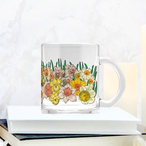 Daffodil March Birth Flower Mug | Floral Glass Clear Coffee Cup Glassware Birthday Gift For Her Mom Best Friend Bridesmaid Proposal