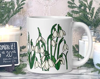 Personalized Snowdrop January Birth Flower Mug | Custom Floral Coffee Cup Birth Gift