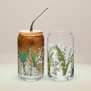 Lily of the Valley May Birth Flower Glass Cup Lid Straw, Colorful Glassware Can Pint 21st Birthday Gift Her Mom Friend Bridesmaid Sipper Set