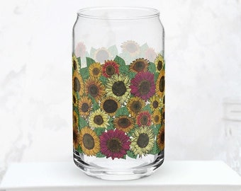 Fall Sunflower Flower Glass, Floral Glassware Beer Can Shaped Pint Leo Zodiac 21st Birthday Gift For Her Mom Best Friend Bridesmaid Proposal