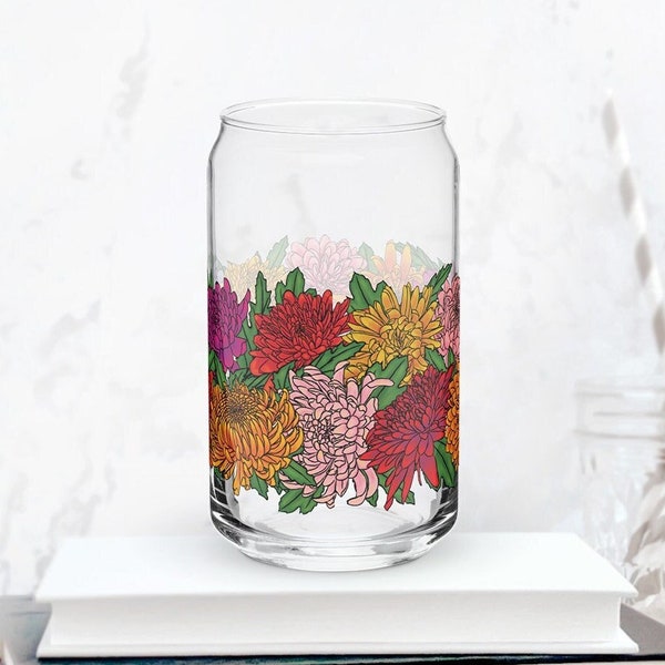 Chrysanthemum Mum November Birth Flower Glass Cup | Floral Glassware Can Pint 21st Birthday Gift For Her Mom Best Friend Bridesmaid Proposal