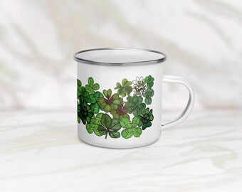 Tasse en émail trèfle à quatre feuilles Shamrock | Cadeau de la Saint-Patrick pour elle, lui et ses enfants