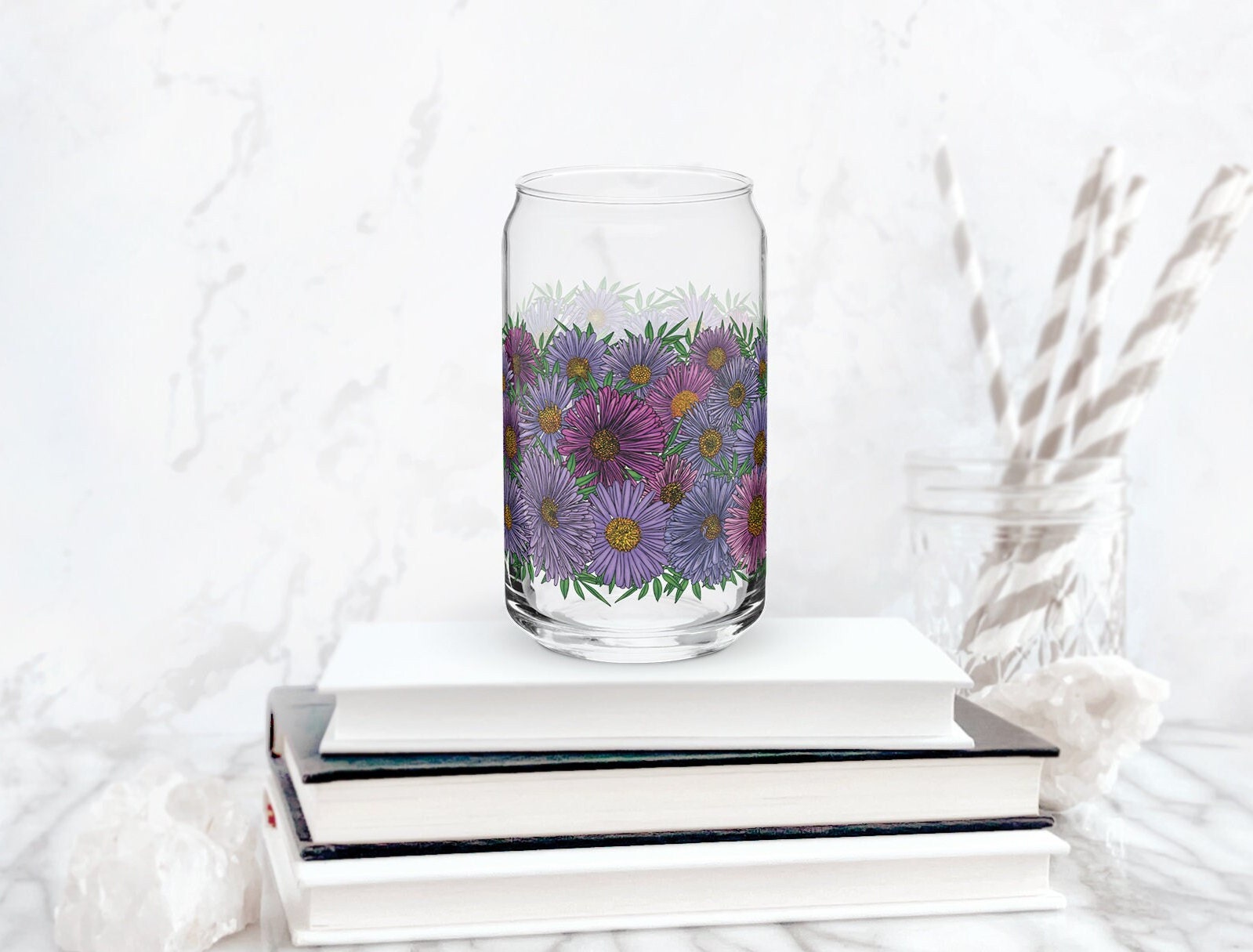 SEPTEMBER - Aster >> 20 oz Glass Cup with Lid + Straw – M Plus B