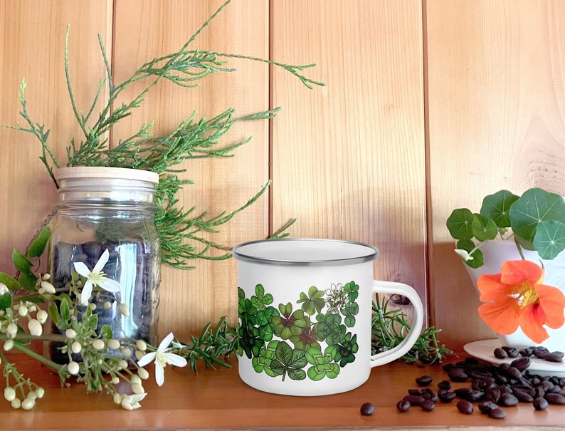 This four leaf clover shamrock enamel mug makes the perfect St. Patrick's day gift for her, him, and children.