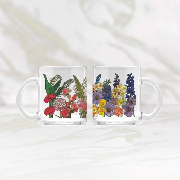 Glass Personalized Birth Flower Mug | Floral Custom Glassware Garden Birthday Gift For Her Mom Sibling Sister Grandma & Bridesmaid Proposals