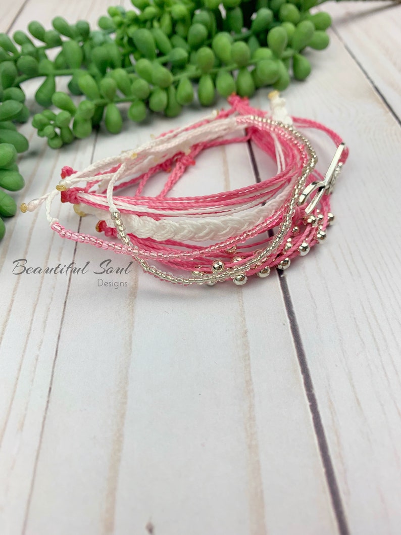 Breast Cancer Stackable Bracelet Set Friendship Bracelet Wax Etsy
