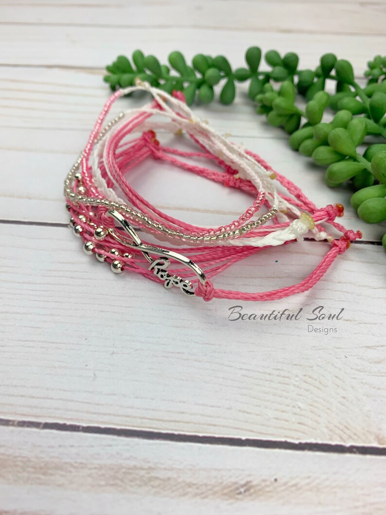 Breast Cancer Stackable Bracelet Set Friendship Bracelet Wax Etsy