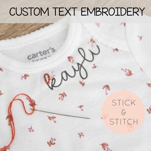 Stick and Stitch Name Hand Embroidery Custom Collar Peel n Stitch DIY Baby Sweater Onesie Shirt Shower Gift