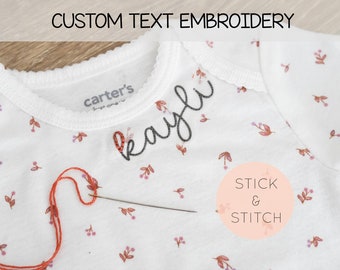 Stick and Stitch Name Hand Embroidery Custom Collar Peel n Stitch DIY Baby Sweater Onesie Shirt Shower Gift