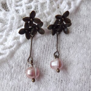 Copper color Three Flower Shaped Stud Earrings with Pink Fresh Water Pearl