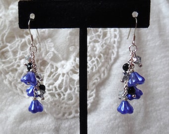 Blue Flower Shaped Glass Beads Silver Tone Drop Earrings