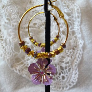 Purple Flower and Purple Beads Gold Tone Hoop Earrings image 2