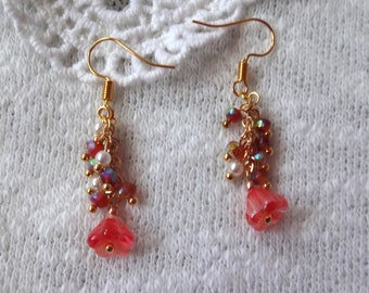 Orange Flower, Orange Czech Beads and faux Pearl Drop Earrings