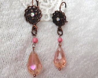 Copper color Flower Shaped Earrings with Pink Teardrop Beads