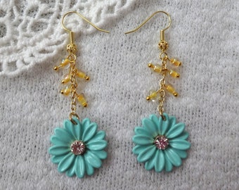 Blue Flower and Yellow Beads Drop Earrings