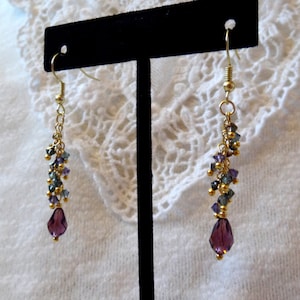 Purple Teardrop Beads and Blue Swarovski Crystal Beads Drop Earrings