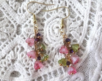 Glass Flower Beads and Swarovski Crystal Beads Drop Earrings