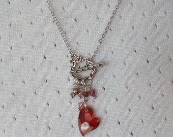 Kettinghanger zilverkleurig blad met roze hartkralen en roze Swarovski-kristalkralenketting