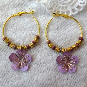 Purple Flower and Purple Beads Gold Tone Hoop Earrings image 1