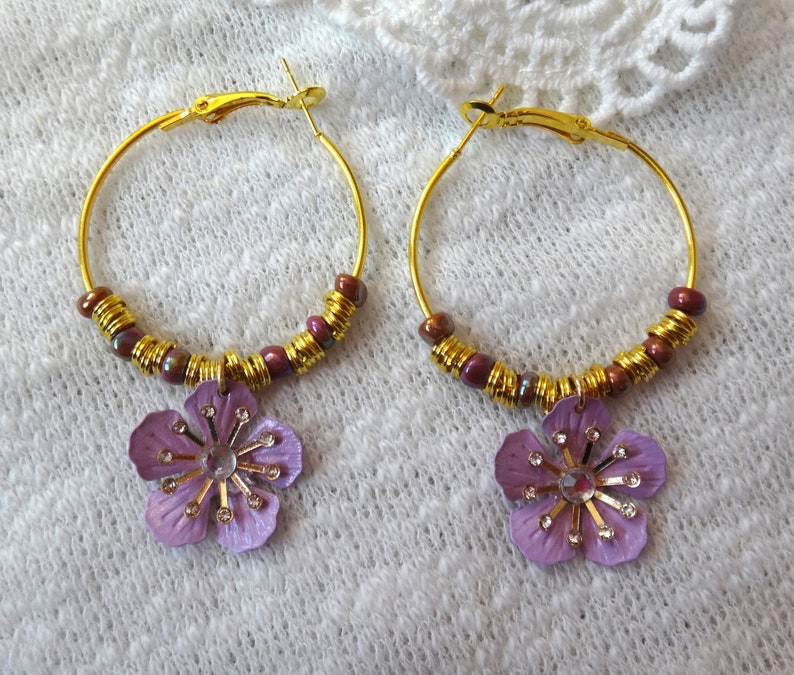 Purple Flower and Purple Beads Gold Tone Hoop Earrings image 1
